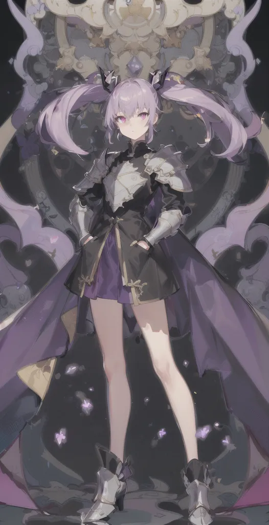 The image is of an anime-style girl with long purple hair and purple eyes. She is wearing a black and purple dress with a white collar and a purple cape. She also has black boots and a black belt. She is standing in front of a dark background with a purple glow around her.