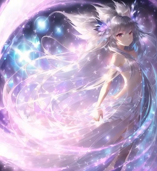 The image is of a beautiful anime girl with long white hair and purple eyes. She is wearing a white dress with a thigh-high slit and a pair of white gloves. She is also wearing a pair of white boots and a white choker. Her hair is flowing in the wind and she has a gentle smile on her face. The background is a light pink color and there are several small, sparkly stars in the background.