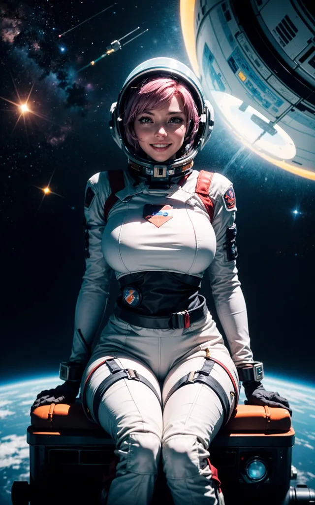 A young girl in a spacesuit is sitting on a box in space. She has a big smile on her face and is looking at the camera. She is wearing a white spacesuit with a red and blue pattern on the chest. She has a helmet on her head and is surrounded by stars and a planet.