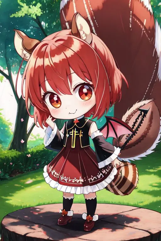 The image is a digital painting of a chibi anime girl with red hair and fox ears. She is wearing a red and black Gothic dress with a white collar and black boots. She has a fluffy red and white squirrel-like tail and devil wings. She is standing on a tree stump in a forest setting. The background is green grass and trees with pink flowers. The girl is smiling and has her right hand raised in the air.