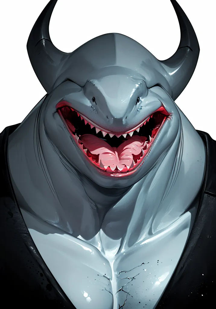 The image shows a shark with the body of a human. It has grey skin and sharp white teeth. It is smiling with its mouth wide open. It is wearing a black vest.