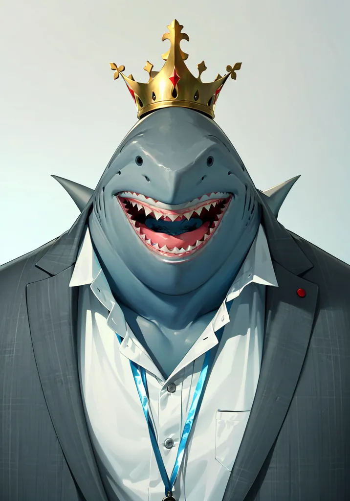 This image shows a shark wearing a crown and a suit. The shark has a big smile on its face and is showing its teeth. It is wearing a white shirt and a blue tie. The shark is also wearing a gold crown. The background is white.