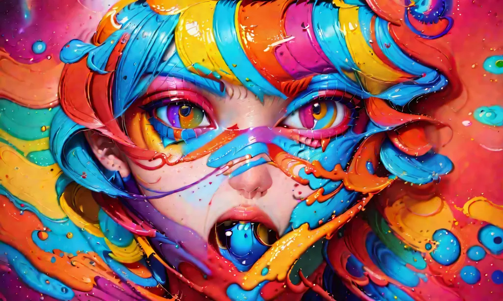 This image is a colorful portrait of a woman with bright, mismatched eyes and multicolored hair. Her face is covered in colorful paint. She is looking at the viewer with her mouth slightly open. She is wearing a blue necklace and there is a small, round object in her mouth. The background is a bright, swirling mass of colors.