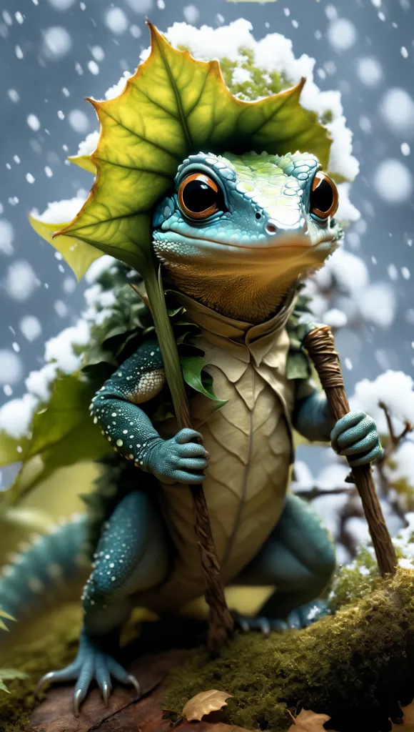 The image shows a small, green frog-like creature wearing a leaf as an umbrella. It is standing on a mossy rock in a snowy forest. The creature is holding a staff in its hands. It has big, round eyes and a friendly expression on its face.