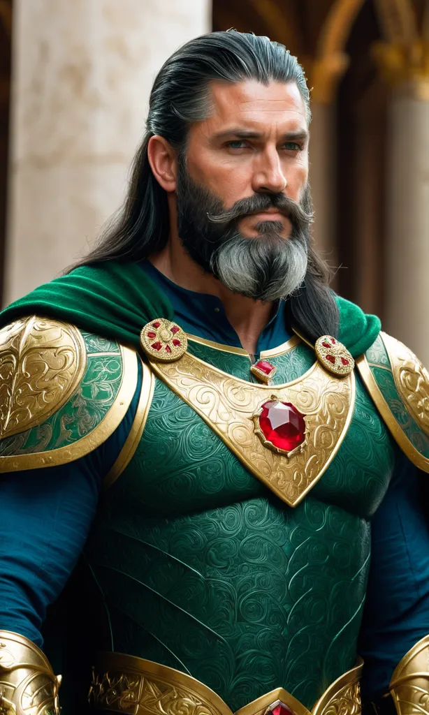 The image shows a man with long dark hair and a beard. He is wearing a green and gold tunic with a red cape. He has a sword in his hand and looks like he is ready to fight.