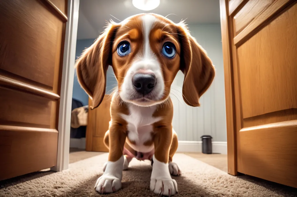 The image shows a small, brown and white puppy sitting on the floor in front of a door. The puppy has big, blue eyes and is looking up at the camera with a curious expression. The door is open, and a blurry living room is visible in the background. The puppy is sitting on a brown carpet, and its paws are slightly spread out. Its tail is wagging.