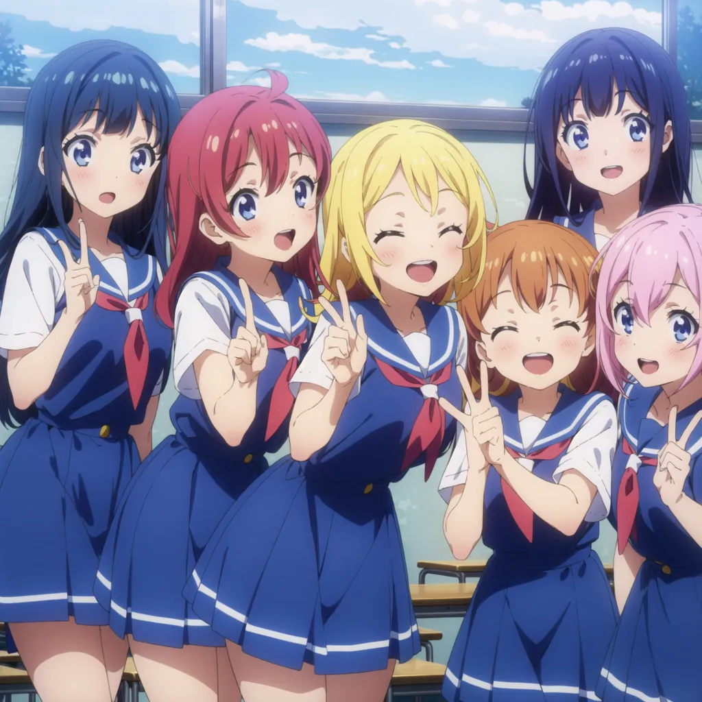 The image shows six anime girls in a classroom. They are all wearing the same school uniform. The girls are from left to right: Aoi, Akane, Saki, Hina, Yuuko, and Nene. They are all smiling and making peace signs. The background is a window with a view of the sky.