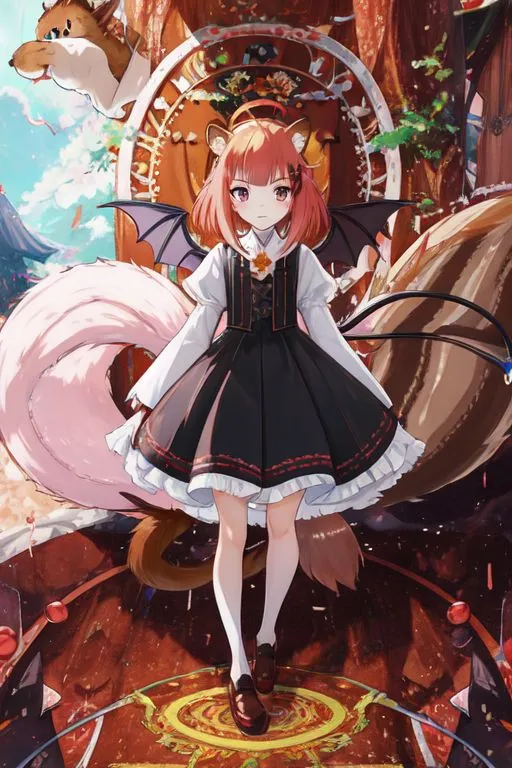 The image is an anime-style drawing of a girl with cat ears and a fluffy tail. She is wearing a black and red Gothic-style dress with a white blouse. She is standing in a forest setting with a large tree behind her. There is a squirrel on the tree. The girl has a serious expression on her face.