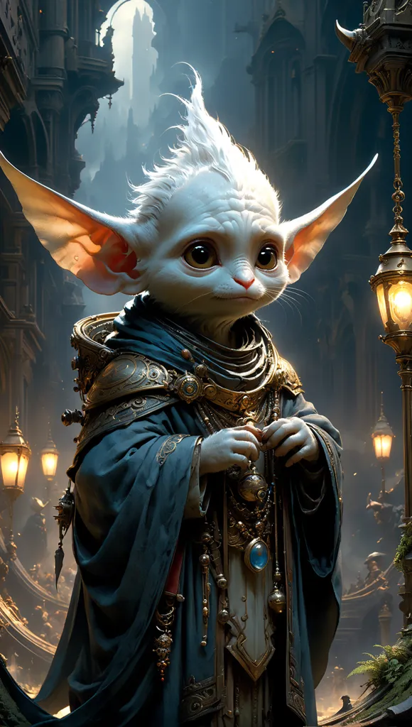 The image shows a small, furry creature with large ears and a white mane. It is wearing a blue robe with gold trim and has a pouch on its belt. It is standing in a dark alleyway, surrounded by tall buildings. The creature is looking at the viewer with a curious expression.