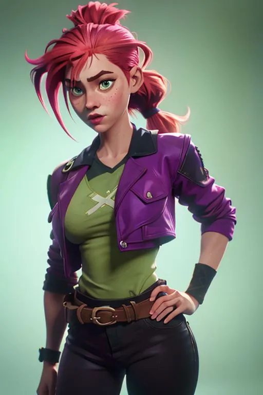 This is an image of a young woman, probably in her late teens or early twenties. She has bright red hair tied back in a ponytail, green eyes, and a beauty mark on her left cheek. She is wearing a green t-shirt, a purple jacket, and black pants. She has a confident expression on her face and is standing with her hands on her hips.