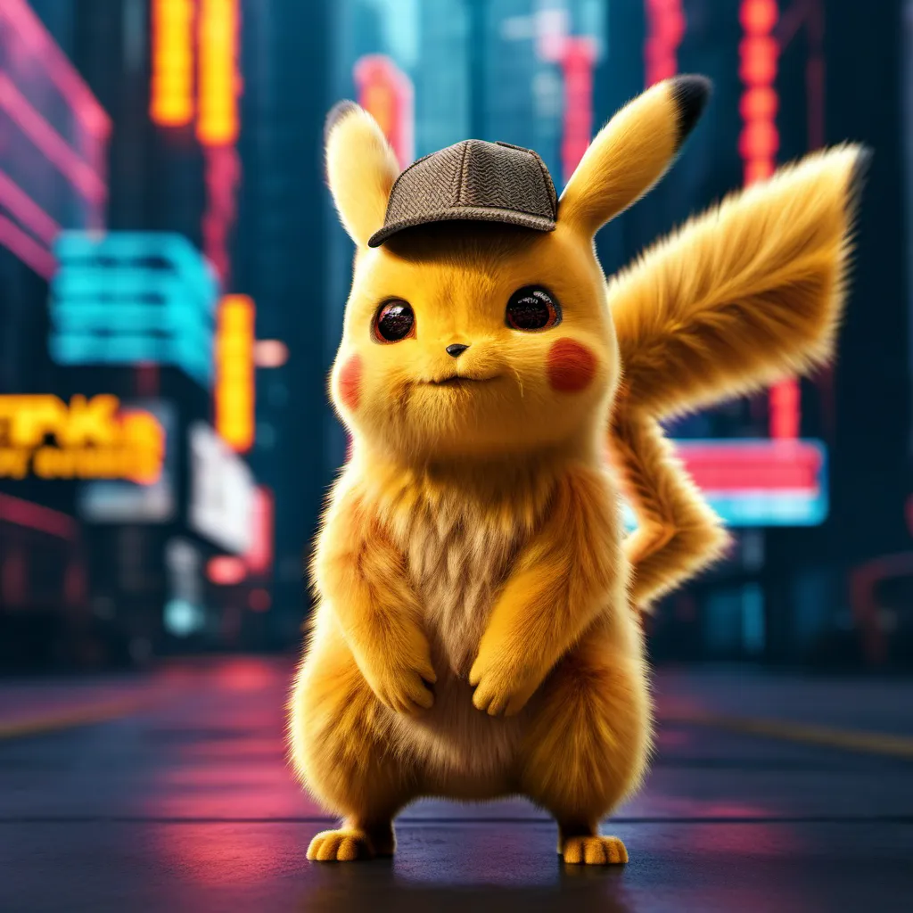 The image shows Pikachu, which is a fictional character from the Pokémon franchise. It is a small, yellow, and furry creature with a long tail and pointed ears. It is wearing a brown detective hat and has a serious expression on its face. It is standing in a city street, with a blurred background of lights