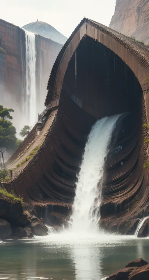 The image shows a waterfall flowing down a curved concrete wall. The waterfall is surrounded by a lush green landscape. The water is white and foamy, and it crashes against the rocks at the bottom of the fall. The waterfall is a popular tourist destination, and there are several viewing platforms that offer stunning views of the falls.