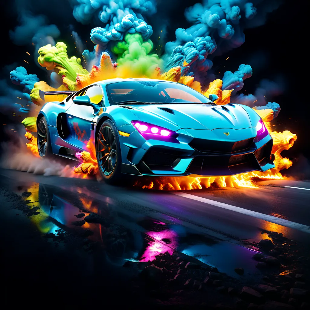 A blue sports car speeds through a dark, neon-lit cityscape. The car is surrounded by colorful smoke and flames. The car is blurred, showing it is moving very fast. The background is dark, with bright lights reflecting off the car. The image is full of energy and excitement.