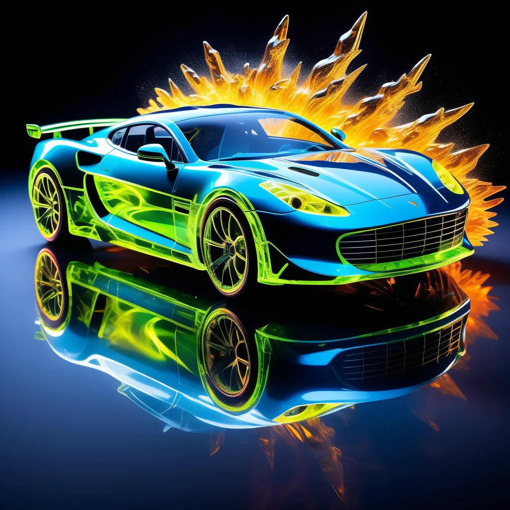 This is a digital image of a blue and green sports car. The car is surrounded by a yellow and orange explosion of fire. The car is reflecting off of a surface below it. The background is black.