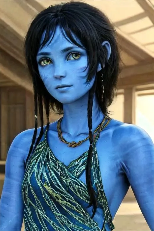 This image shows a computer-generated portrait of a young female Na'vi from the movie Avatar. She has blue skin, dark hair, and big green eyes. She is wearing a blue and green dress.