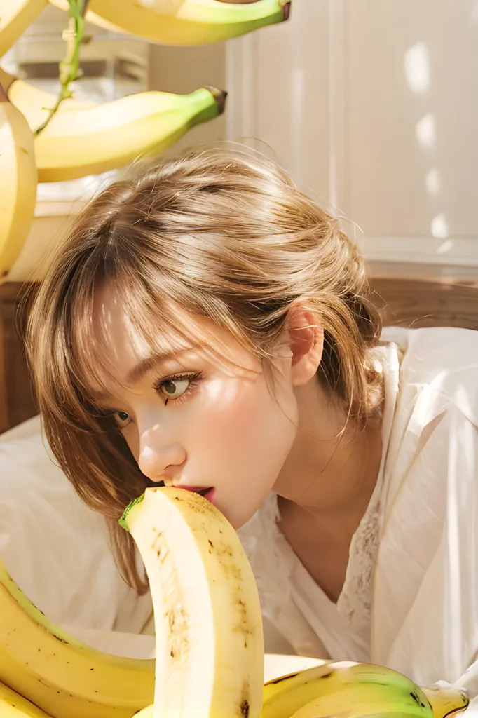 A young woman with long brown hair and light makeup is eating a banana. She is wearing a white shirt and is sitting in a sunny room. There are many bananas on the table in front of her.