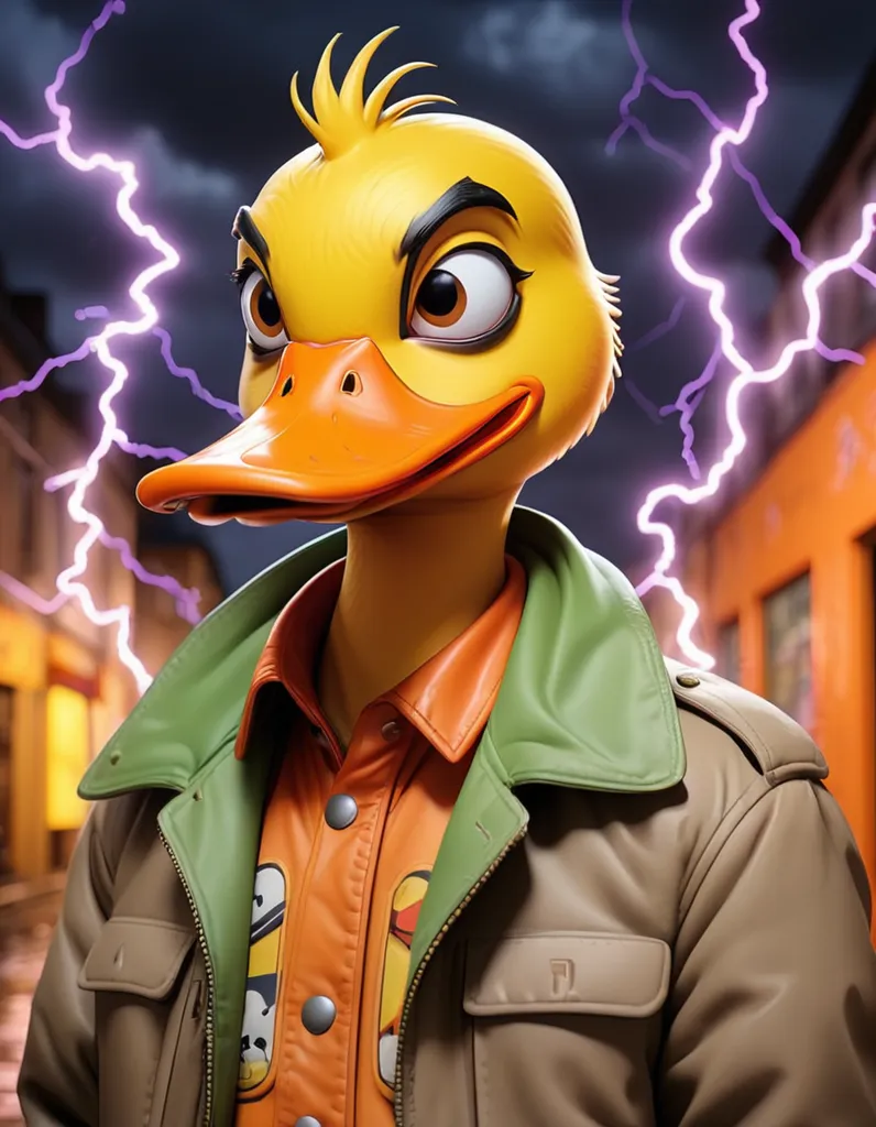 This image shows a duck wearing a leather jacket and a shirt with a pattern of ghosts on it. The duck has a serious expression on its face and is looking to the right of the frame. There is a dark background with bolts of lightning behind it.