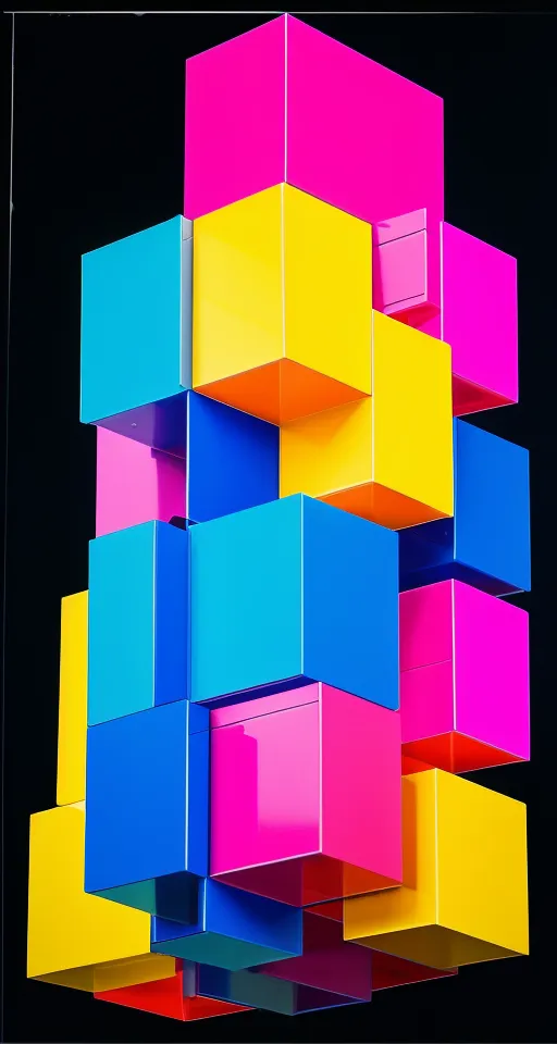 The image is of a stack of brightly colored cubes. The cubes are arranged in a staggered pattern, with the colors alternating between blue, yellow, pink, and red. The cubes are lit from above, which creates a sense of depth and dimension. The image has a clean, modern look, and it is visually appealing.