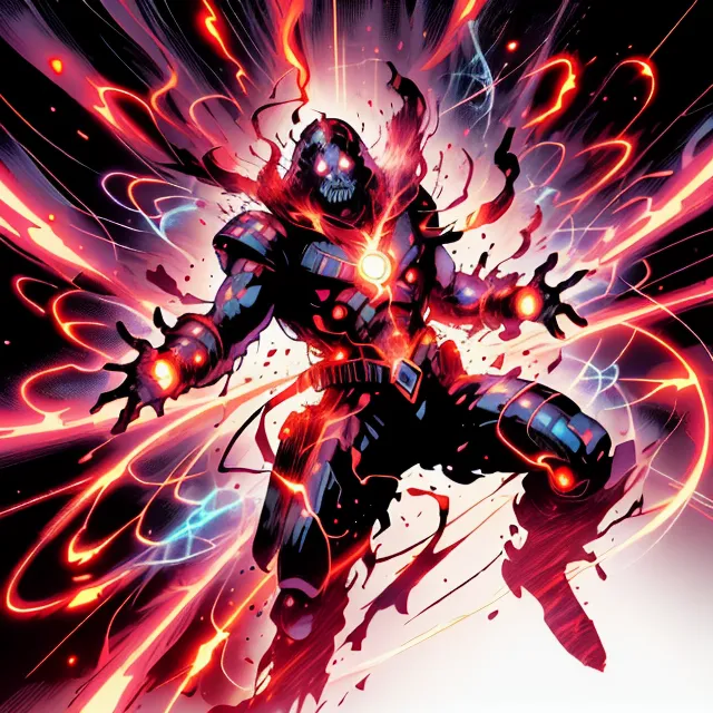 The picture shows a superhero. He is wearing a black and red suit of armor. His eyes are glowing red and he has a red and black cape. He is surrounded by red and black energy.