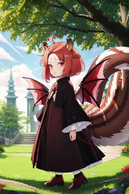 The image shows an anime-style girl with red hair and eyes. She is wearing a black and red dress with a white collar. She has a pair of bat wings and a squirrel-like tail. She is standing in a garden, surrounded by trees and flowers.