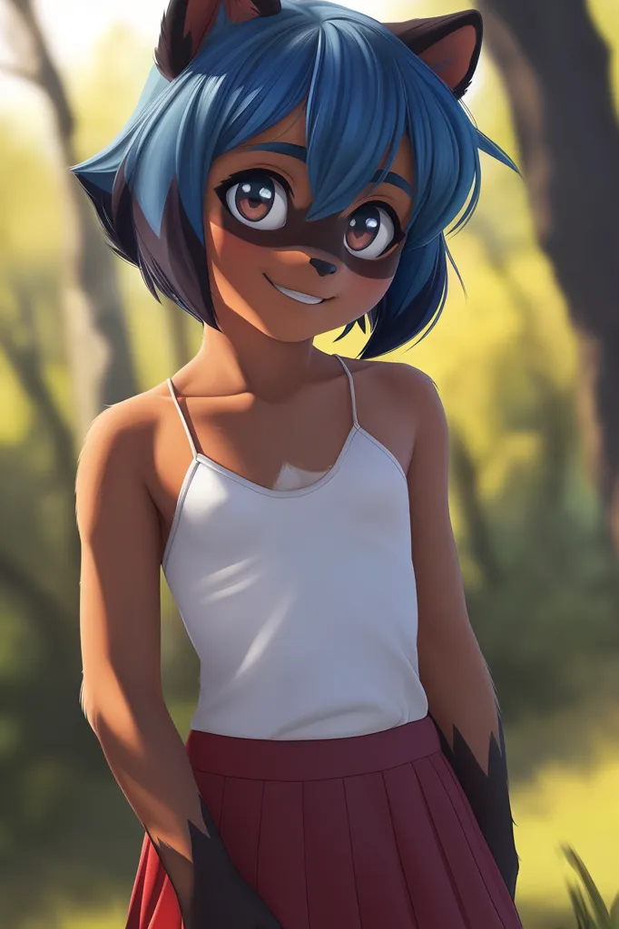 This image shows an anime-style raccoon girl with blue hair and brown eyes. She is wearing a white tank top and a red skirt. She has a friendly expression on her face and is standing in a forest setting.