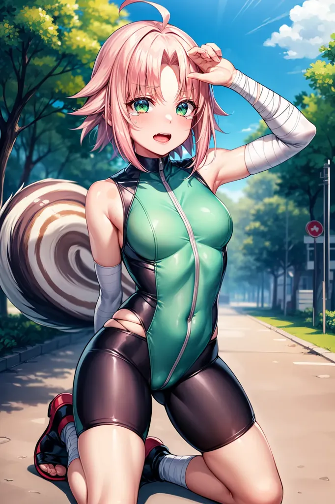 The image depicts an anime-style girl with pink hair and green eyes. She is wearing a green and black bodysuit with a white stripe going down the side and black and red sneakers. She has a squirrel-like tail and ears. She is kneeling on the ground and has one hand on her head and the other on her knee. She has a bandage on her right arm. In the background, there are trees, a road, and a blue sky.