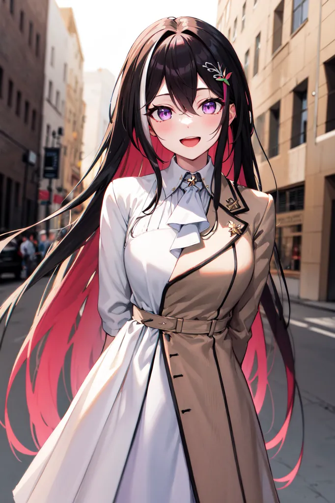 The image shows a young woman with long black and pink hair. She is wearing a white blouse, a brown coat, and a black belt. She has a friendly smile on her face and is looking at the viewer. The background is a blurred cityscape.