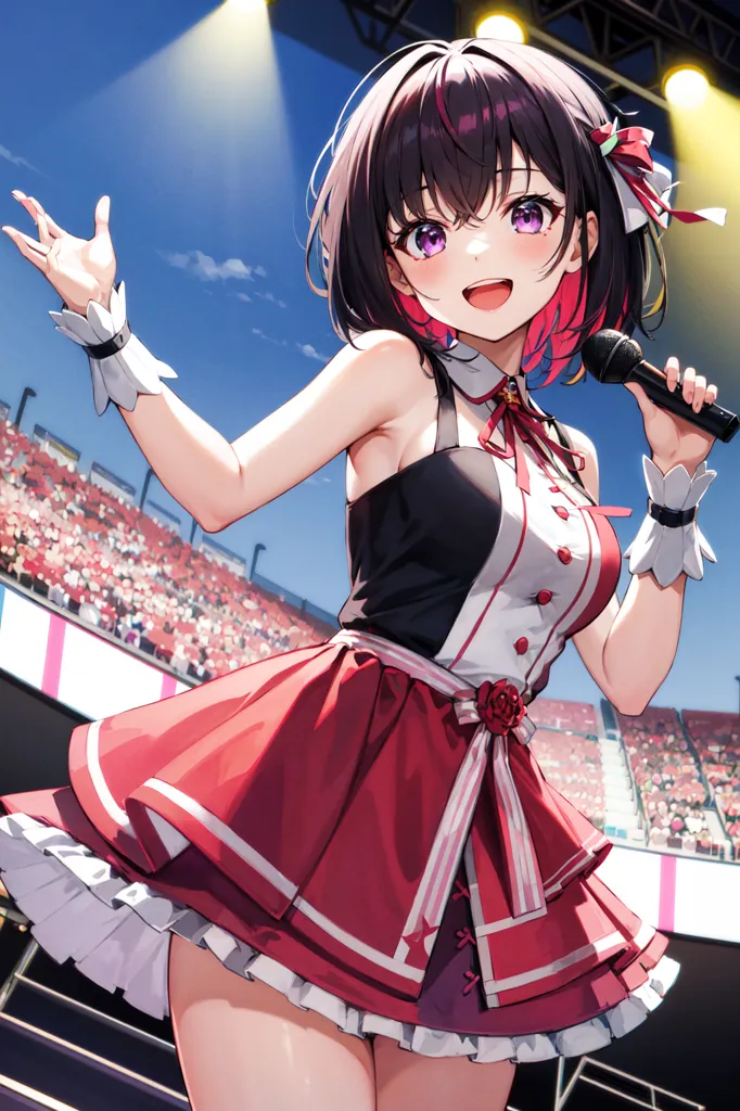 The image shows a young woman with purple eyes and a bright smile. She has short brown hair with pink highlights. She is wearing a red and white dress with a white bow in the front. She is also wearing a pair of white gloves. She is holding a microphone in her right hand and is waving with her left hand. She is standing on a stage in front of a large crowd. The crowd is cheering and waving their arms. The background is a blue sky with white clouds.