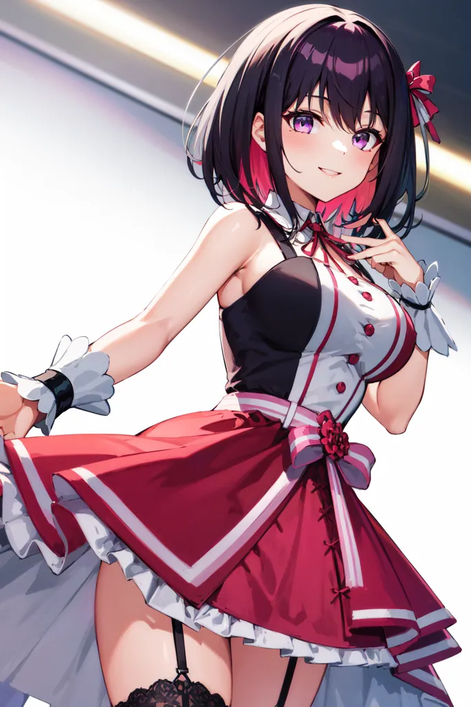 The image is of a young woman with purple eyes and black hair that has reddish-pink tips. She is wearing a revealing red and white dress with a black choker and a red ribbon in her hair. She is smiling and has a slight blush on her face. She is standing in front of a white background with a spotlight shining on her.