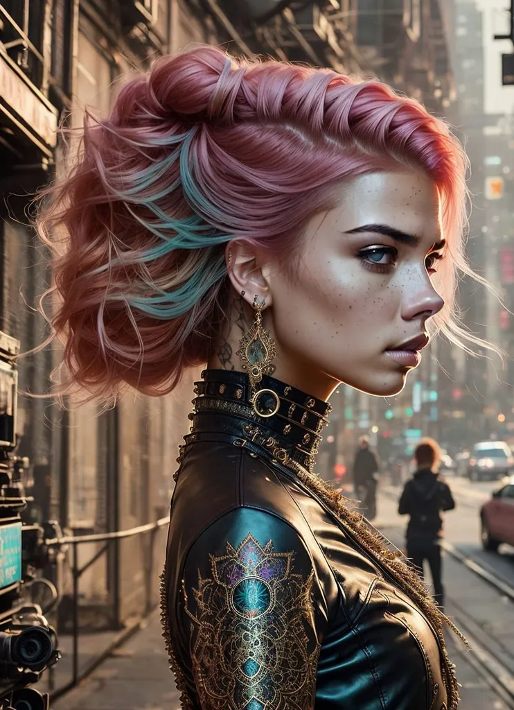 La imagen muestra a una mujer joven con el cabello rosa y azul. Lleva una chaqueta de cuero negro con detalles dorados y un collar negro con un colgante dorado. El fondo está desenfocado, pero parece que está en una ciudad.