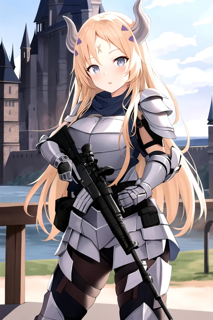 The image depicts a young woman with long blonde hair and purple eyes. She is wearing a suit of silver armor and carrying a rifle. The woman is standing on a bridge with a castle in the background.