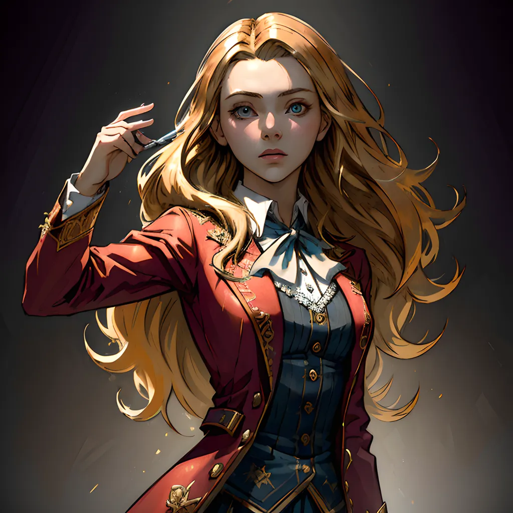 The image shows a beautiful young woman with long, flowing blonde hair. She is wearing a red military-style coat with gold epaulettes and a white cravat. She has a determined expression on her face and is looking at the viewer with her blue eyes. She is holding a pen in her right hand and has it near her head.