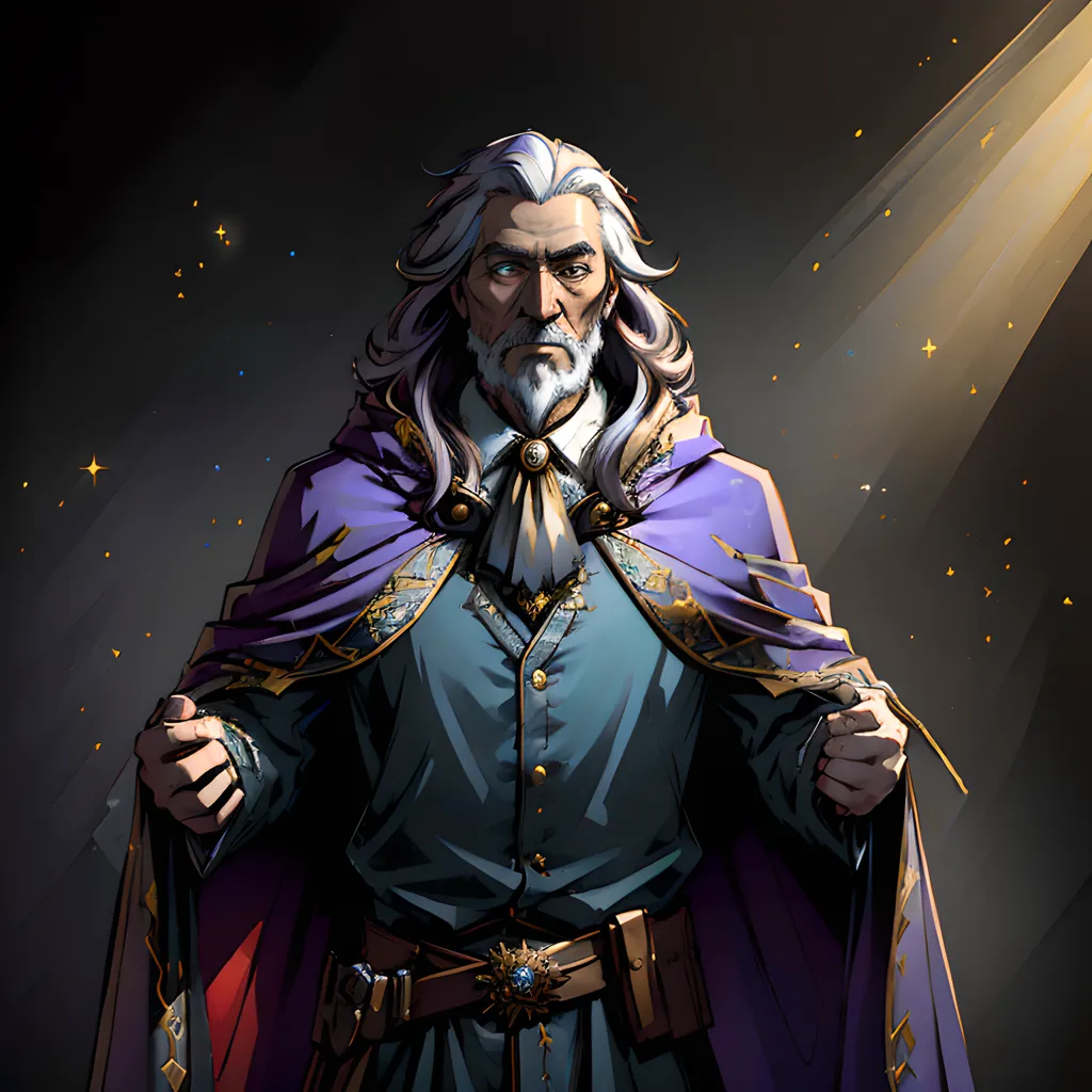 The image shows a human male with long white hair and a beard. He is wearing a blue shirt with a white cravat and a purple cape with gold trim. He has a stern expression on his face and is looking at the viewer with his arms outstretched. There is a bright light shining down on him from the top right of the image, and there are sparkles of light floating around him. He is also wearing a brown belt with a golden buckle and has a golden chain around his neck with a blue gem in the center.