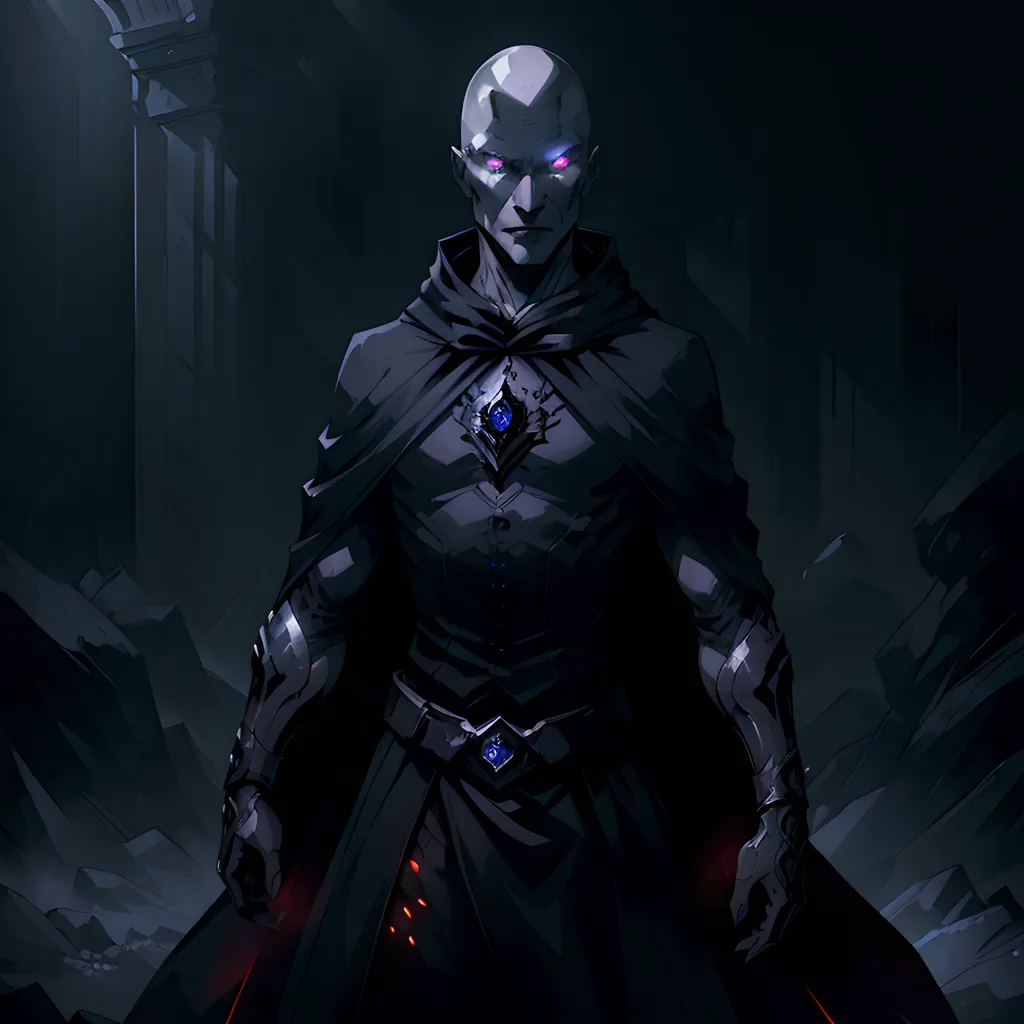 The image is of a tall, bald, dark-skinned man with glowing purple eyes. He is wearing a black robe with silver trim and a large blue gem on his chest. He is also wearing black boots and gloves. He is standing in a dark room with a stone floor and there are rocks and rubble all around.