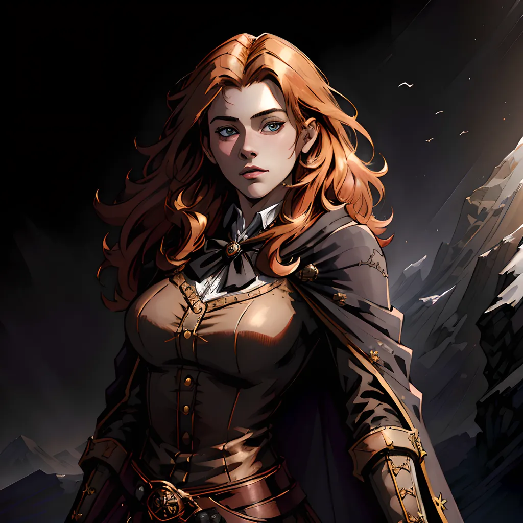 This is an image of a woman with long red hair. She is wearing a brown leather corset with a white shirt underneath. She also has on a brown cape with gold trim. She is standing in front of a dark background with mountains in the distance.