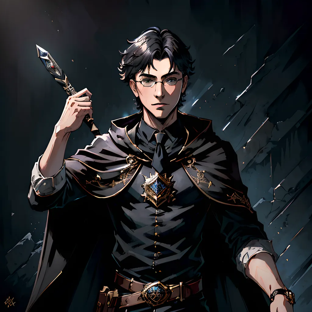 This is an image of a young man with black hair and glasses. He is wearing a black suit and a dark blue cloak. He is holding a magic wand in his right hand. He has a serious expression on his face. He is standing in a dark place. There are stone ruins in the background.