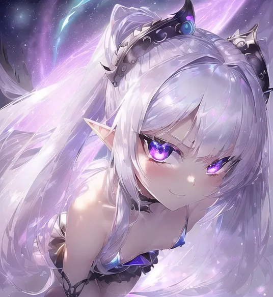 La imagen es una pintura digital de una chica de estilo anime con cabello blanco largo y ondulado y ojos morados. Lleva una parte superior de bikini morada y tiene una corona en la cabeza. Está de pie frente a un fondo estrellado. La chica tiene una expresión astuta en su rostro y mira al espectador con un ojo cerrado.