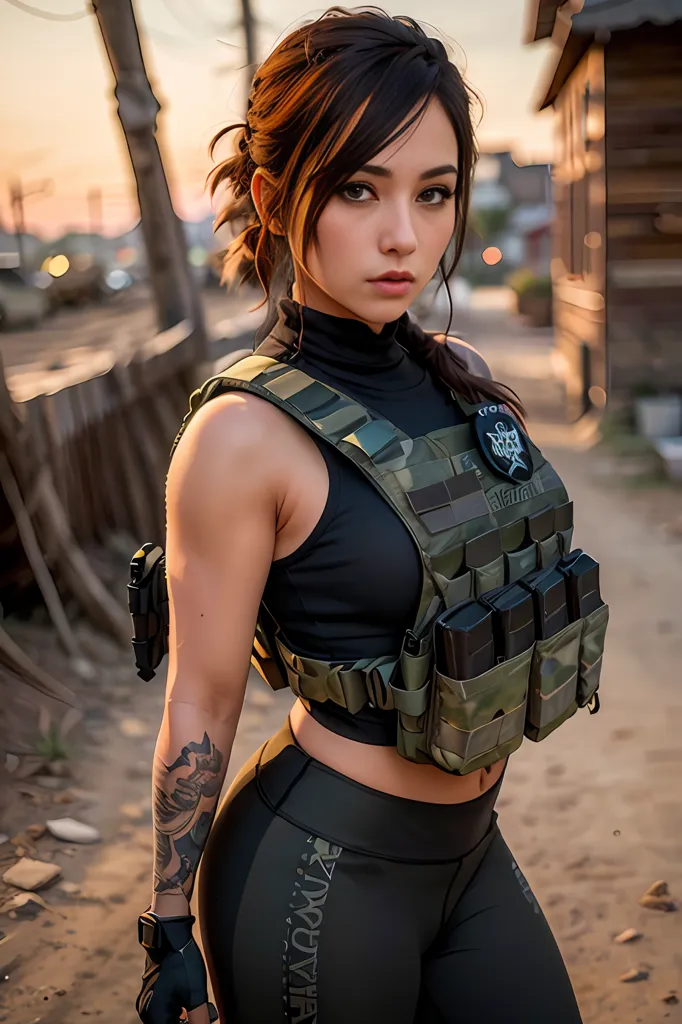 The image shows a young woman dressed in military gear. She is wearing a black crop top and black pants, and a green and brown camouflage vest. She has a tattoo on her left arm. She is standing in a confident pose, with her feet shoulder-width apart and her hands on her hips. Her head is turned slightly to the left, and she is looking at the viewer with a serious expression. The background is blurred, and there is a building to her right.