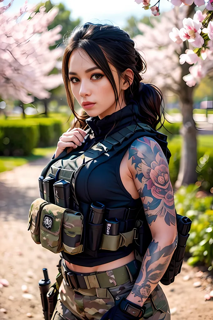 The image depicts a young woman dressed in military gear. She is wearing a black vest with a green camouflage pattern and a black utility belt. The woman has a tattoo on her left arm, and her hair is in a ponytail. She is standing in a forest, with a large tree in the background. The woman is holding a gun and looking at the camera.