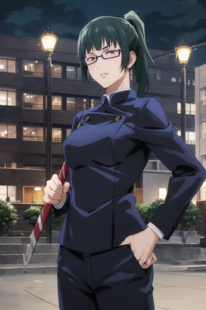 The image shows a young woman with green hair and glasses wearing a dark blue uniform. She is standing in a city street at night with a katana in her hand. The street is lit by streetlights.