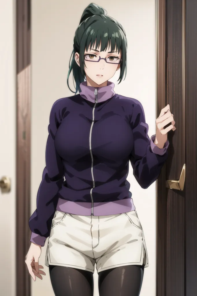 The image shows a young woman with green hair and brown eyes. She is wearing a purple tracksuit with a white stripe down the side and white shorts. She is also wearing glasses. She is standing in a doorway, with her left hand on the door frame. She has a serious expression on her face.