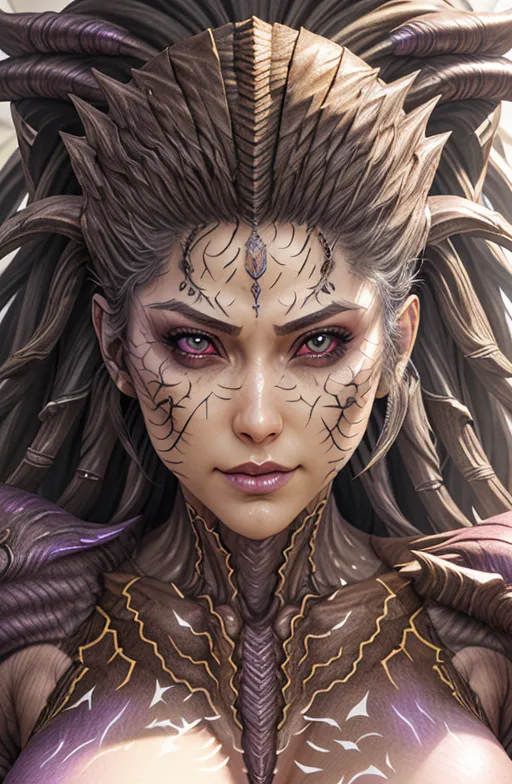 The image is a portrait of a female with purple eyes, dark purple lips, and cracks on her face. She has brown hair with green and purple streaks and is wearing a gold and purple outfit. The outfit has a high collar and is open at the chest. She is also wearing a necklace with a purple gem in the center.