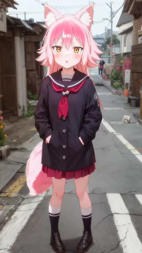 The image is a depiction of a young girl with pink hair and fox ears. She is wearing a black sailor-style uniform with a red scarf and a pink skirt. She also has black socks and brown shoes. The girl is standing in a street with traditional Japanese houses on either side. There is a person walking in the background. The image is drawn in a realistic style and the colors are vibrant.