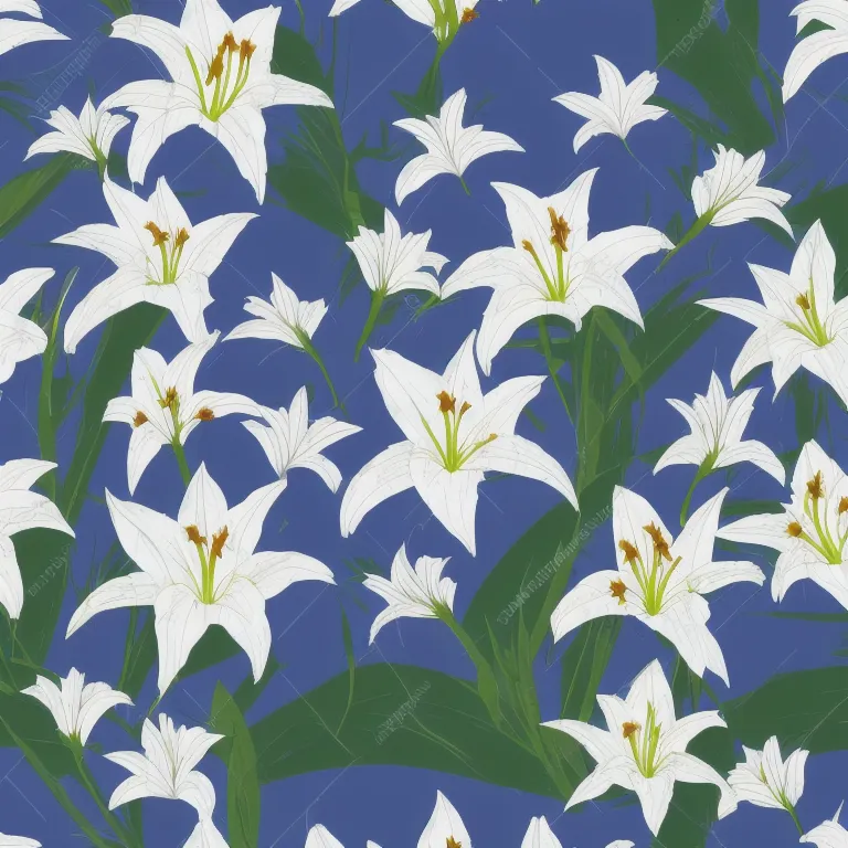 The image is a repeating pattern of white lilies on a blue background. The lilies are in different stages of bloom, and the leaves are a deep green color. The pattern is seamless, so it can be repeated infinitely.