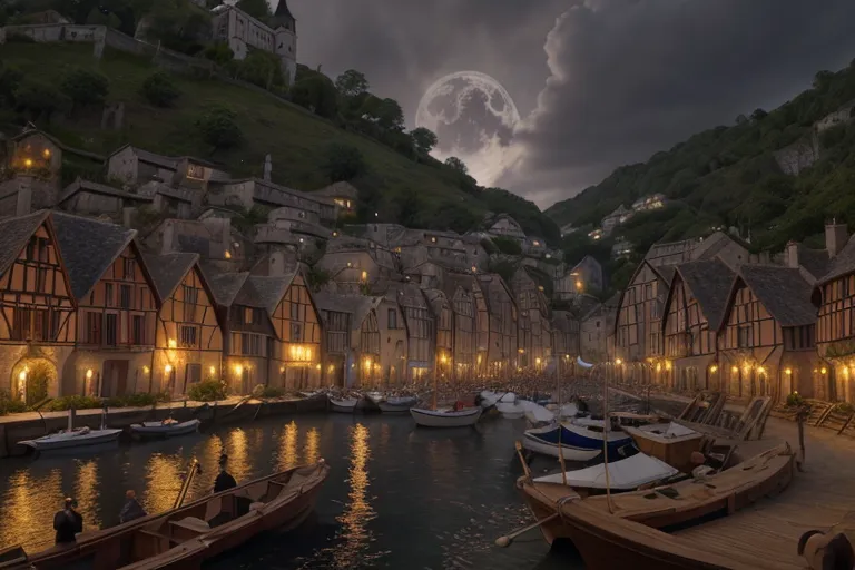 The image is a digital painting of a medieval town. The town is built on a river, and there is a castle on a hill overlooking the town. The buildings are made of stone and wood, and the streets are narrow and winding. There are people walking around the town, and there are boats docked at the river. The moon is full, and the sky is dark and cloudy.