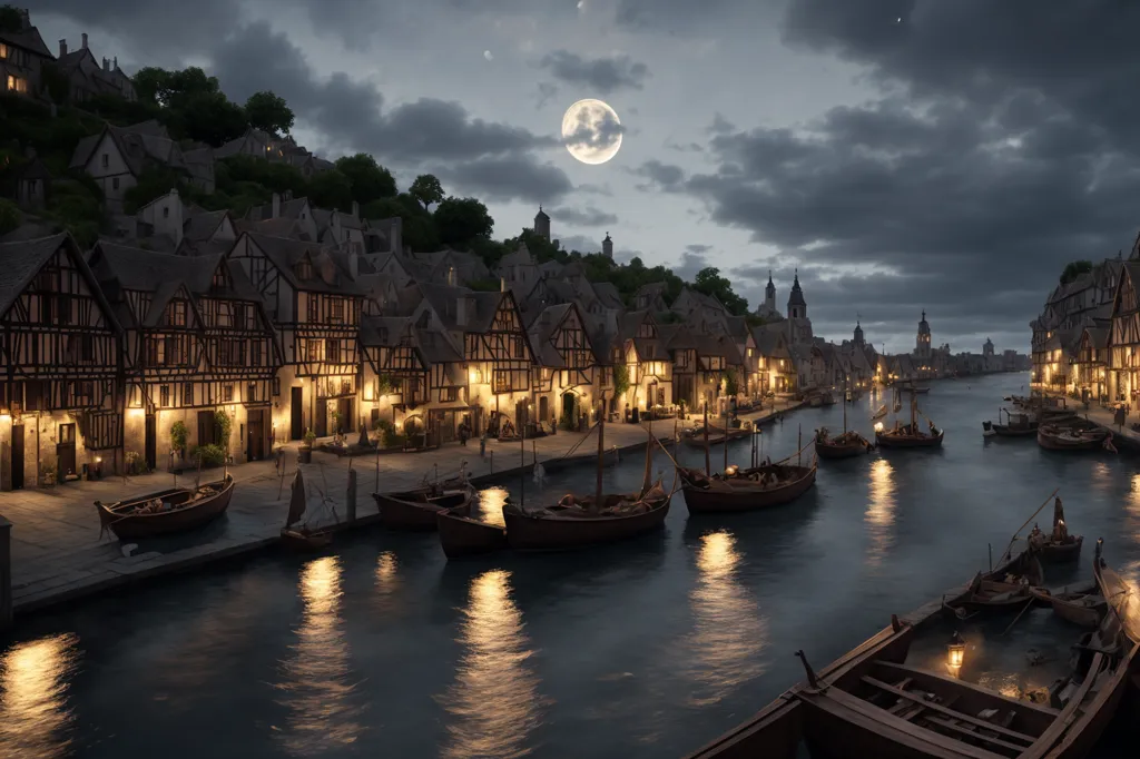 The image is a night scene of a medieval town. The town is built on a river, and there are many boats docked along the shore. The buildings are half-timbered and have steeply pitched roofs. There is a large moon in the sky, and the stars are twinkling. It is a peaceful and serene scene.