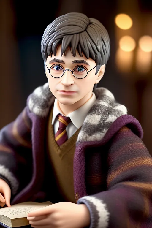 This is a photo of Harry Potter, a young wizard from the Harry Potter series of novels and films. He is wearing his Hogwarts uniform, which consists of a brown sweater vest, a white shirt, and a maroon tie. He is also wearing a brown jacket with a fur collar. He is sitting at a table, reading a book. He has his wand in his hand. He is looking at the camera with a serious expression. The background is blurry, but it looks like there are candles on a table behind him.