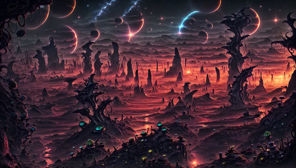 A imagem está ambientada em um planeta alienígena com uma paisagem rochosa vermelha. Há várias formações rochosas grandes em primeiro plano e uma cordilheira ao fundo. O céu está escuro e há várias luas ou planetas no céu. Também há algumas plantas estranhas e brilhantes em primeiro plano.