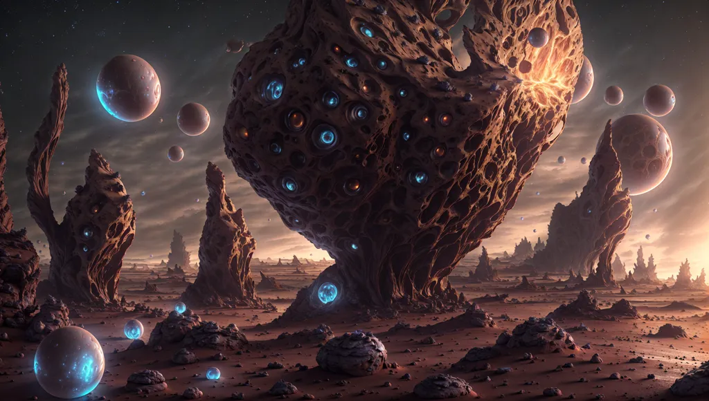 The image is set on an alien planet with a rocky, desert-like surface. There are large, rocky outcroppings that resemble giant mushrooms or alien structures. The sky is dark, and there are several moons or planets in the sky. The ground is littered with small rocks and pebbles. There is a large, glowing rock in the center of the image, and several smaller glowing rocks scattered around.