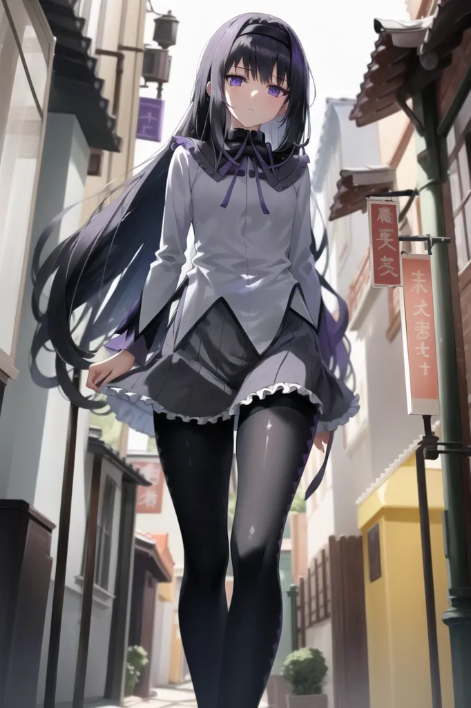 La imagen es una pintura de una niña joven con el cabello negro largo, ojos morados y un lazo morado en el cabello. Lleva una blusa blanca, una falda gris y medias negras. Está de pie en una calle con arquitectura tradicional japonesa. La pintura está hecha en un estilo realista y la expresión de la niña es de determinación.